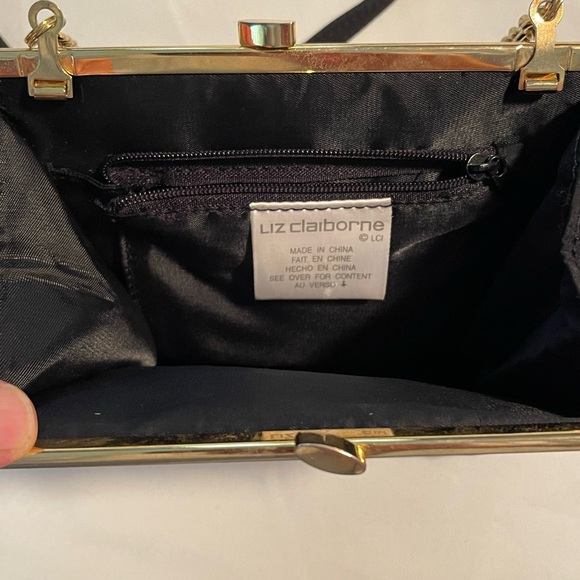 Vintage Liz Claiborne Clutch W Shoulder Strap Black Gold Accents Brushed Satin - Picture 5 of 10